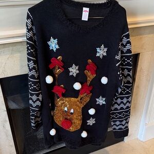 Festive Reindeer Sweater. Black/gold.  Size  1X. Worn once.  Listing 9758